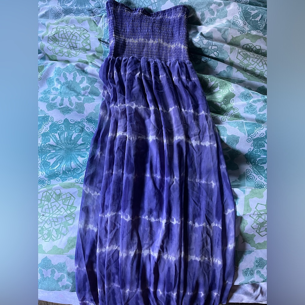Smocked Strapless Tie-Dye Maxi Dress in Purple